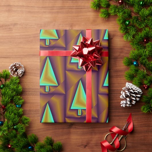 茶色のティール（緑がかった色）メタリックツリーパフィー ラッピングペーパー (クリスマスギフト)