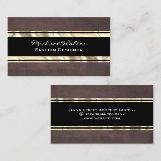 茶色のテクスチャ金ゴールドメタリックトリム 名刺 (正面/裏面)