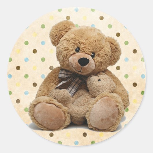 茶色のテディベアオン水玉模様 ラウンドシール (正面)