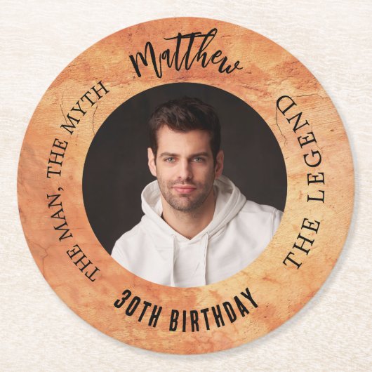 茶色のテラコッタ写真の男の神話の伝説の誕生日 ラウンドペーパーコースター (正面)