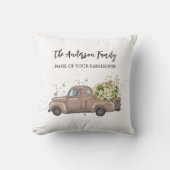 茶色のトラックの花の農家の家名 クッション (正面)