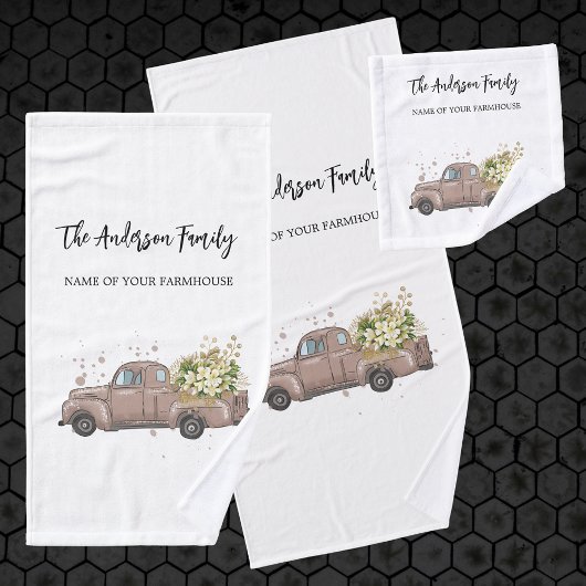 茶色のトラックの花の農家の家名 バスタオルセット