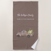 茶色のトラックの花の農家の家名 ビーチタオル (正面)