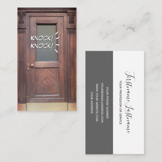 茶色のドアの注意オープナーおもしろいをノックする 名刺 (正面/裏面)