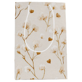 茶色のハートが優しい花の色のブライダルシャワー ミディアムペーパーバッグ