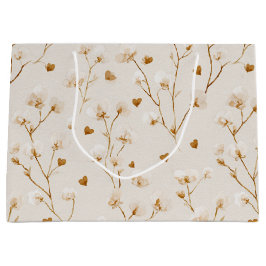 茶色のハートが優しい花の色のブライダルシャワー ラージペーパーバッグ