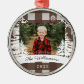 茶色のバッファローの素朴格子松の木の家族写真 メタルオーナメント (正面)