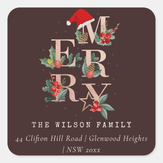 茶色のバラ金ゴールドメリークリスマスの葉アドレス スクエアシール (正面)