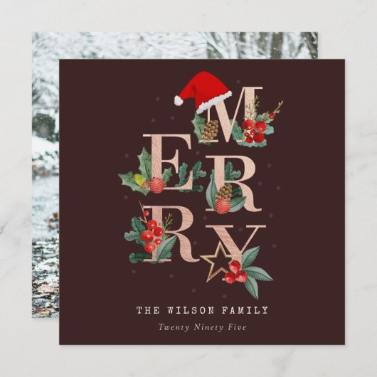 茶色のバラ金ゴールド赤いメリークリスマスの葉の写真 シーズンカード (正面/裏面)