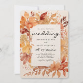 茶色のバーガンディ 赤 オレンジ色の葉 秋の結婚式 招待状 (正面)