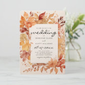 茶色のバーガンディ 赤 オレンジ色の葉 秋の結婚式 招待状 (スタンド正面)