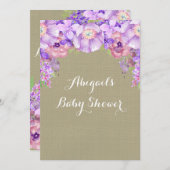茶色のバーラップパープル水彩の花ベビーシャワー 招待状 (正面/裏面)