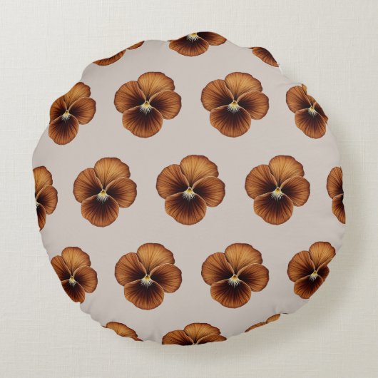 茶色のパンジーの花のシームレスなパターンをオン ラウンドクッション (裏面)