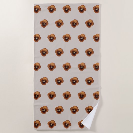 茶色のパンジーの花のシームレスなパターンビーチタオル ビーチタオル (正面)