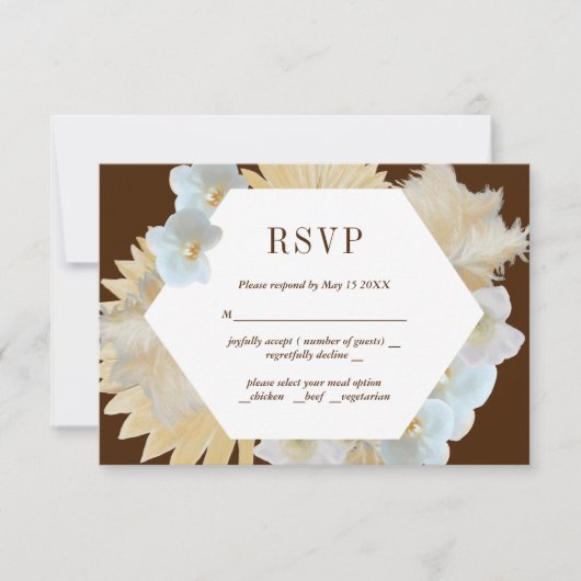 茶色のパンパス草と蘭のウェディング出欠確認カード 出欠カード (正面)