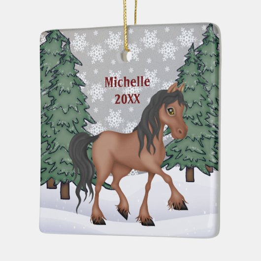 茶色のパーソナライズされた馬の冬林クリスマス セラミックオーナメント (左)