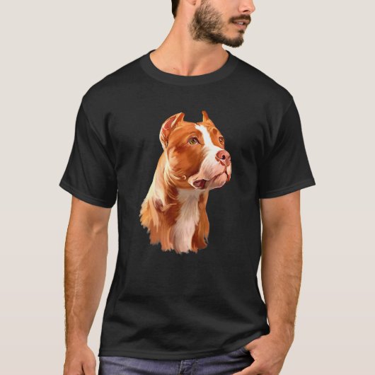 茶色のピットブルルの犬の顔が上を見上げている Tシャツ (正面)