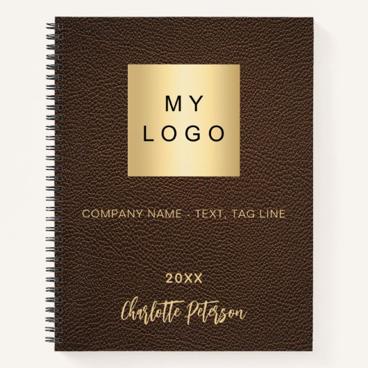 茶色のフェイクレザーに名前とロゴ ノートブック (正面)