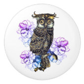 茶色のフクロウと紫の花 セラミックノブ (正面)
