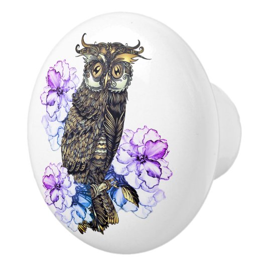 茶色のフクロウと紫の花 セラミックノブ (右)