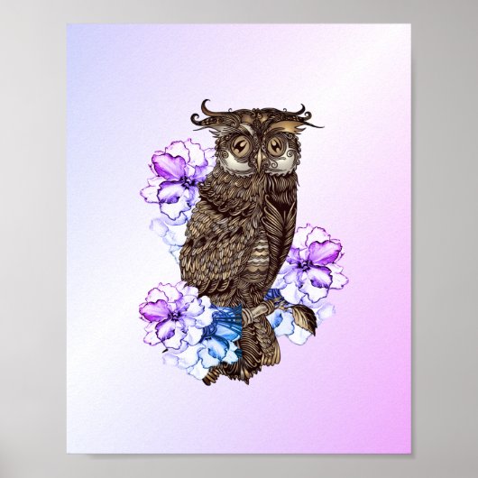 茶色のフクロウと紫の花 ポスター (正面)