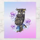 茶色のフクロウと紫の花 ワインラベル (シングルラベル)