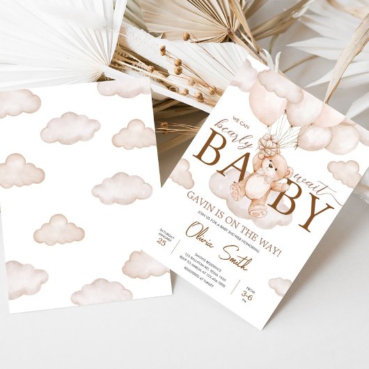 茶色のベビークマのバルーンベビーシャワー 招待状