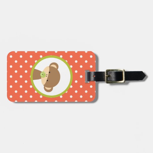 茶色のベビーモンキーおしゃぶり水玉模様 ラゲッジタグ (正面横)