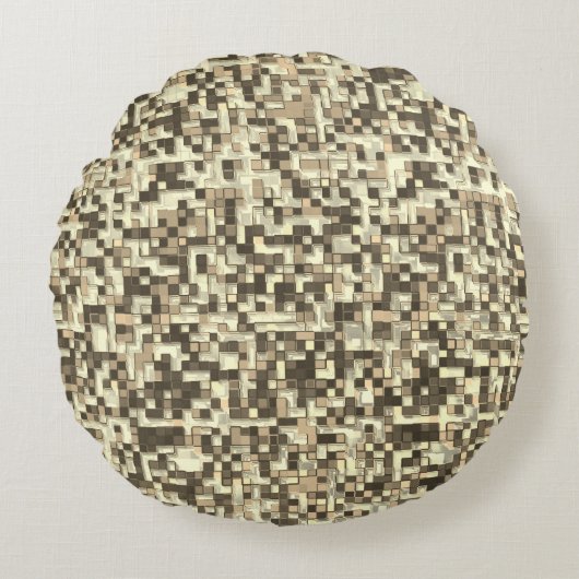 茶色のベージュのトーンで重なり合うミニ正方形 ラウンドクッション (正面)