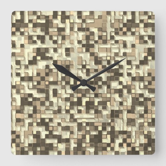 茶色のベージュのトーンで重なり合う小さな正方形 スクエア壁時計 (正面)