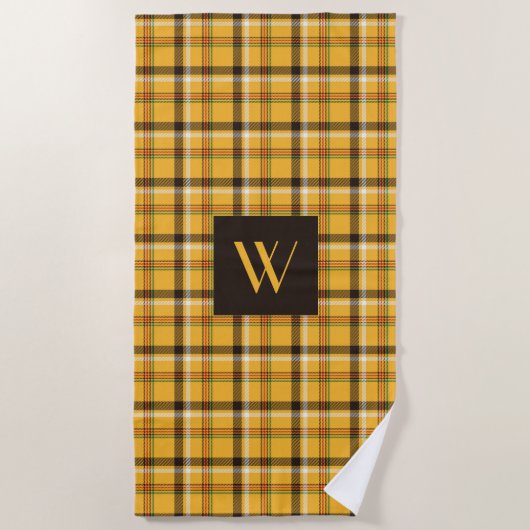 茶色のベージュモノグラムのチェック格子模様 ビーチタオル (正面)