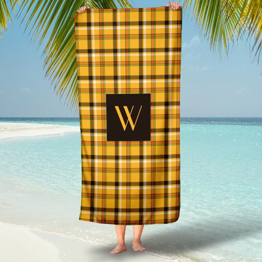 茶色のベージュモノグラムのチェック格子模様 ビーチタオル