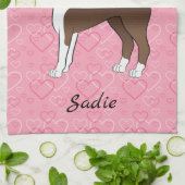 茶色のボストンテリア犬ピンクのハートと名前 キッチンタオル (折り畳み)