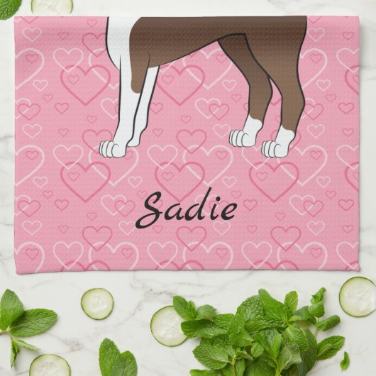 茶色のボストンテリア犬ピンクのハートと名前 キッチンタオル (折り畳み)