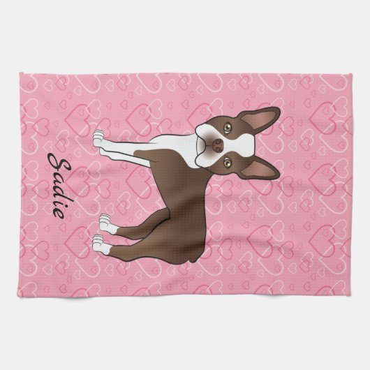 茶色のボストンテリア犬ピンクのハートと名前 キッチンタオル (横)