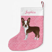 茶色のボストンテリア犬ピンクのハートと名前 スモールクリスマスストッキング (裏面)