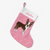 茶色のボストンテリア犬ピンクのハートと名前 スモールクリスマスストッキング (正面 (吊り時))