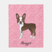 茶色のボストンテリア犬ピンクのハートと名前 フリースブランケット (正面)