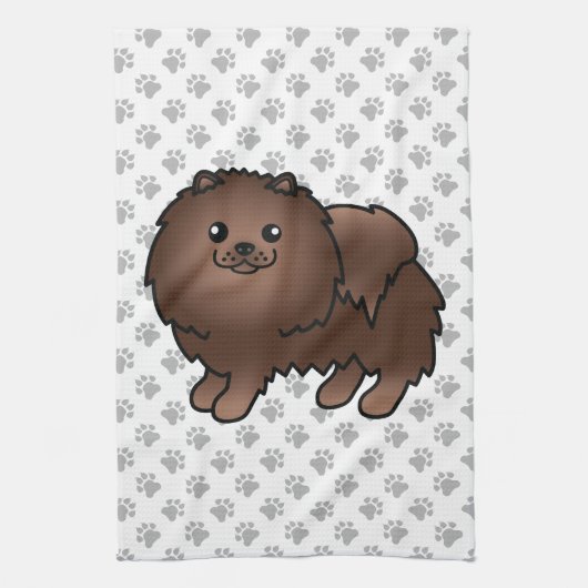 茶色のポメラニアン かわいい漫画の犬と肉球 キッチンタオル (縦)