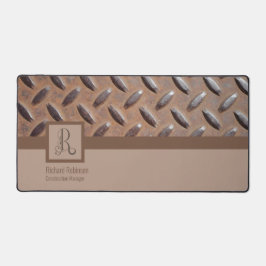 茶色のマンホールのカバーのパターン、モノグラム名とタイトル デスクマット