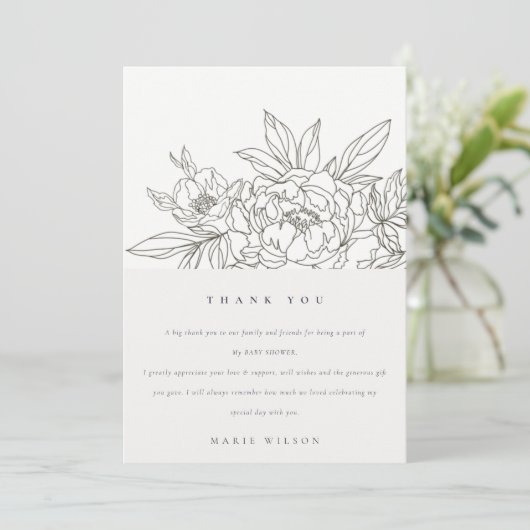 茶色のミニマルフローラスエレガントケッチベイビーシャワー サンキューカード (スタンド正面)