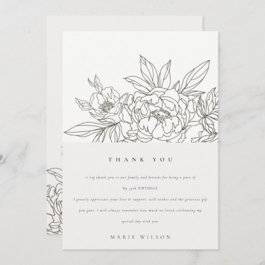 茶色のミニマルフローラスケッチ任意の年齢誕生日 サンキューカード (正面/裏面)