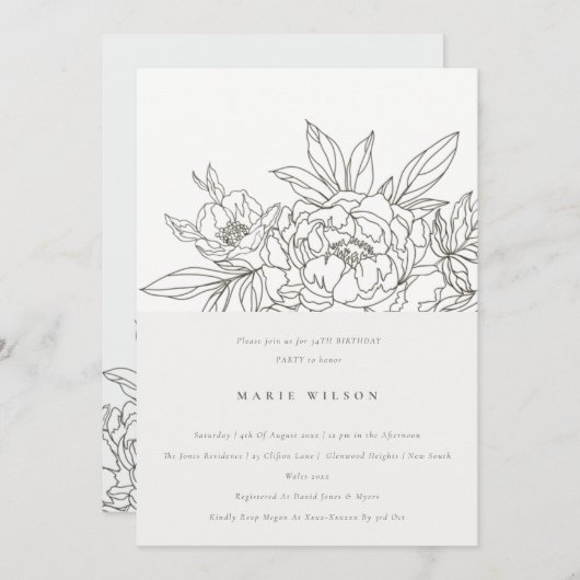 茶色のミニマルフローラスケッチ任意の年齢誕生日 招待状 (正面/裏面)