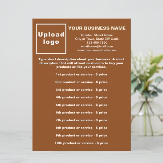 茶色のメニューカードのビジネス製品と価格 メニュー (スタンド正面)