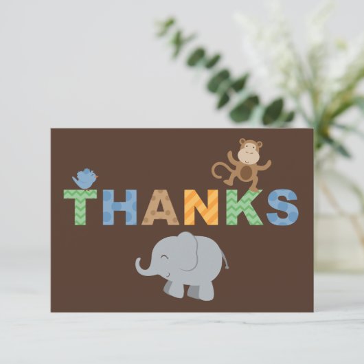 茶色のモダンジャングル動物の男の子の赤ちゃんシャワー サンキューカード (スタンド正面)