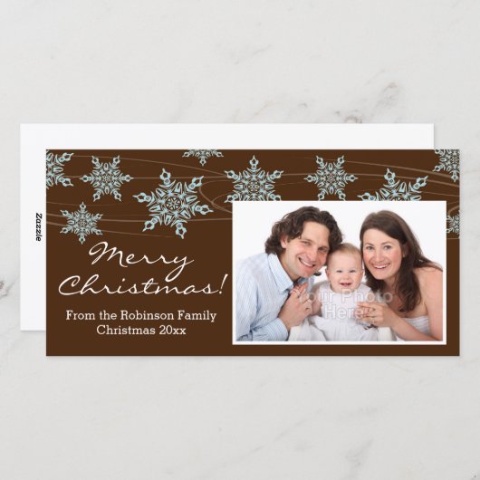 茶色のモダンブルースノーフレークのクリスマス シーズンカード (正面/裏面)