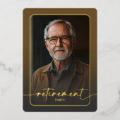 茶色のモダン写真ミニマルの退職パーティー 箔招待状 (正面)