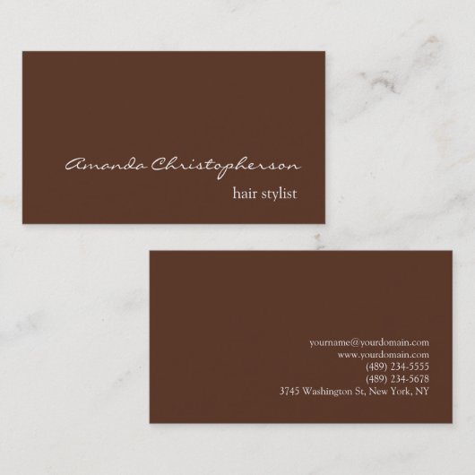 茶色のモダン背景スクリプト美容師 名刺 (正面/裏面)