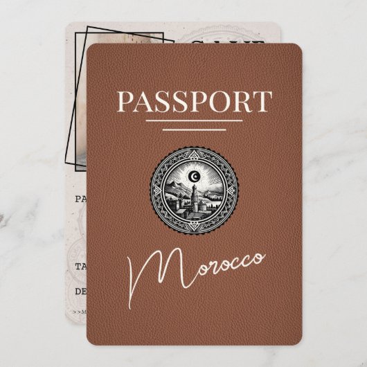 茶色のモロッコのパスポート日付の保存 セーブザデート (正面/裏面)