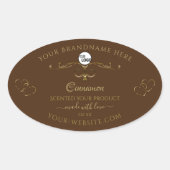 茶色のロゴの装飾金ゴールドのスクロールハート 楕円形シール (正面)